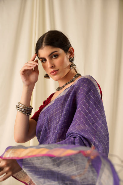 Ulfat- The Check Blue Linen Saree