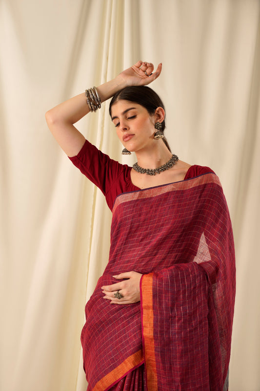 Sindoori- The Red Zari Linen Saree