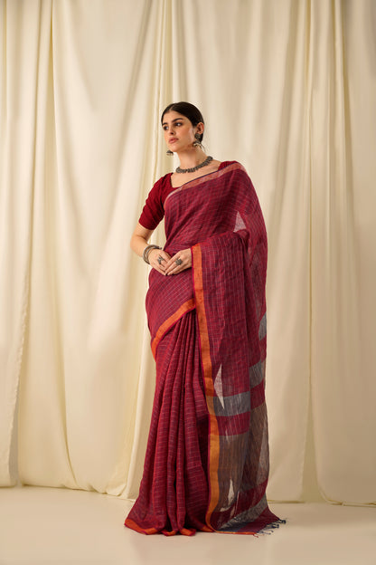 Sindoori- The Red Zari Linen Saree