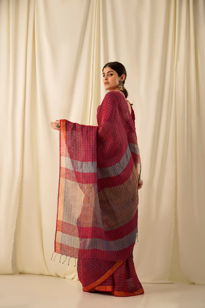 Sindoori- The Red Zari Linen Saree