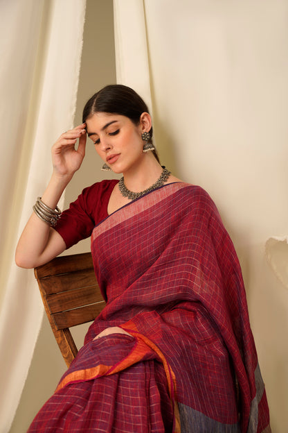 Sindoori- The Red Zari Linen Saree