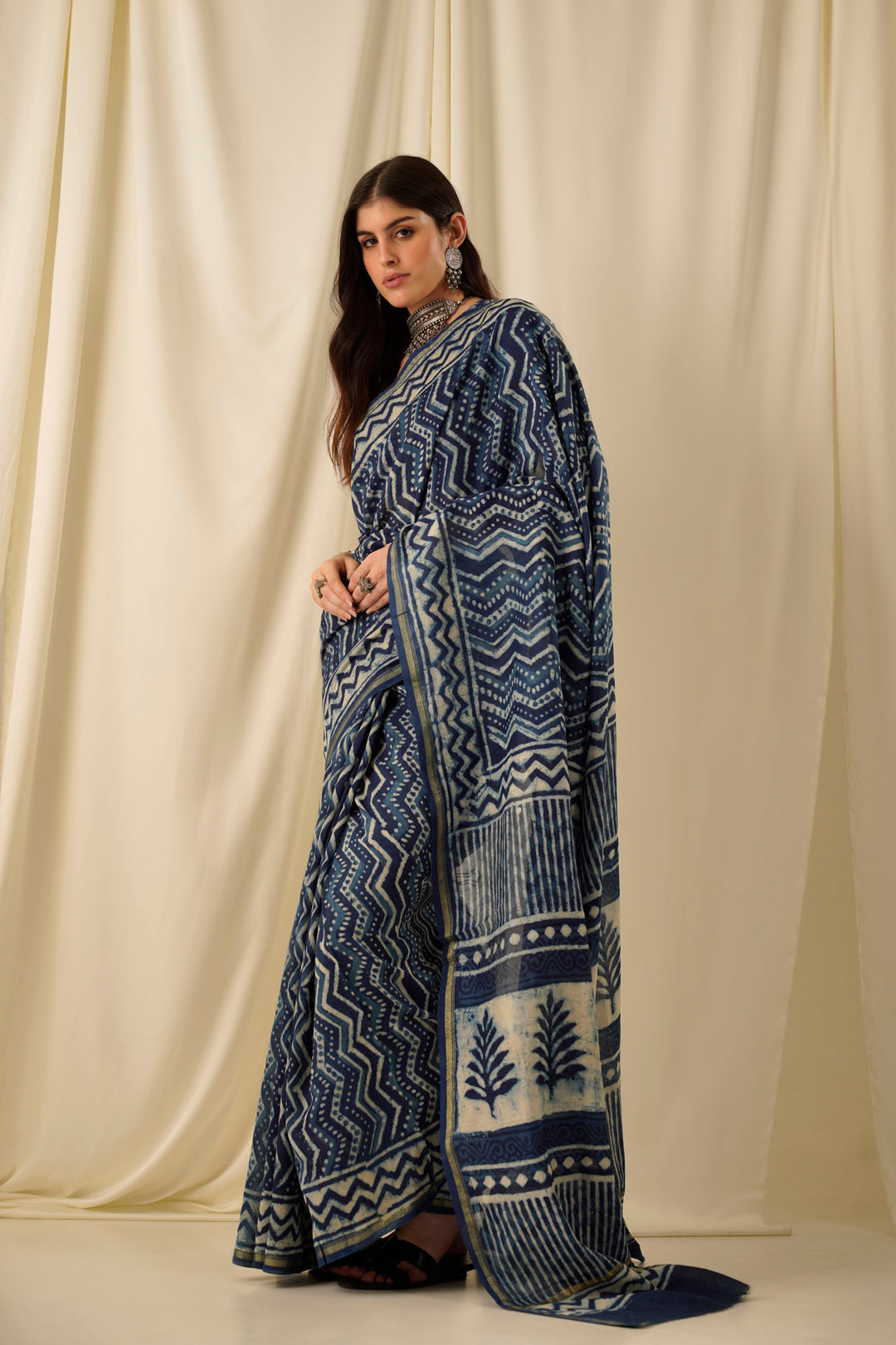 Afreen- The Indigo Block Print Chanderi Saree