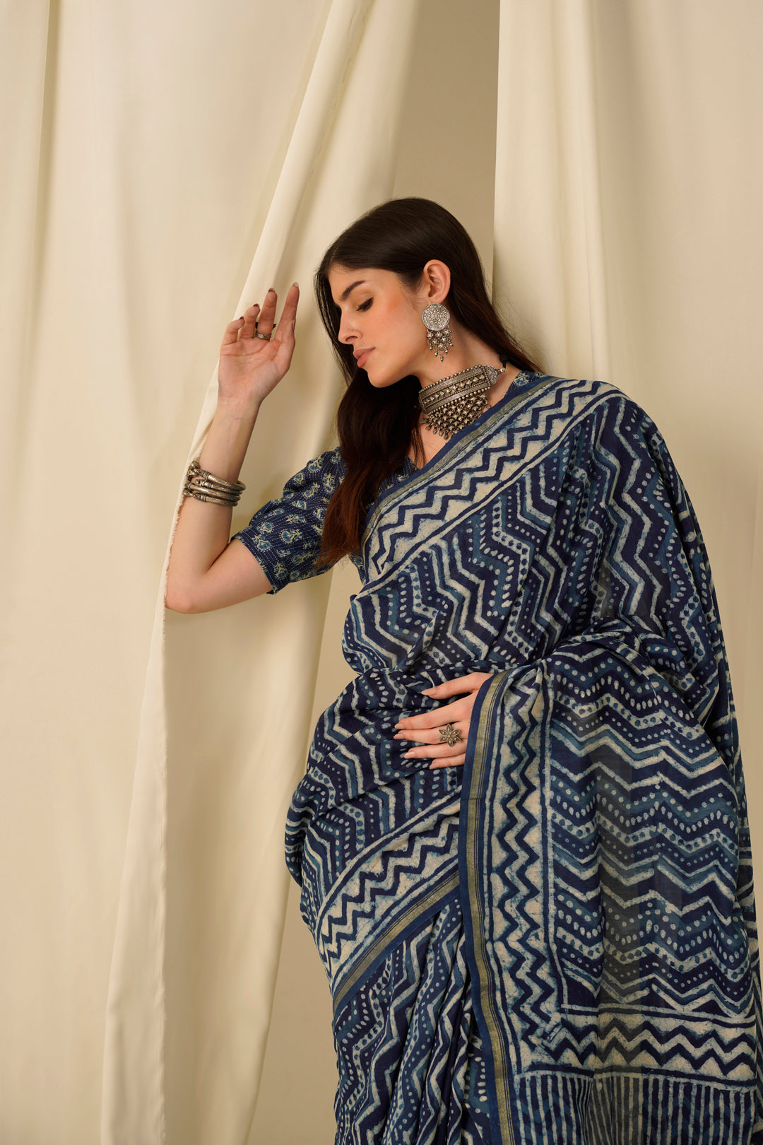 Afreen- The Indigo Block Print Chanderi Saree