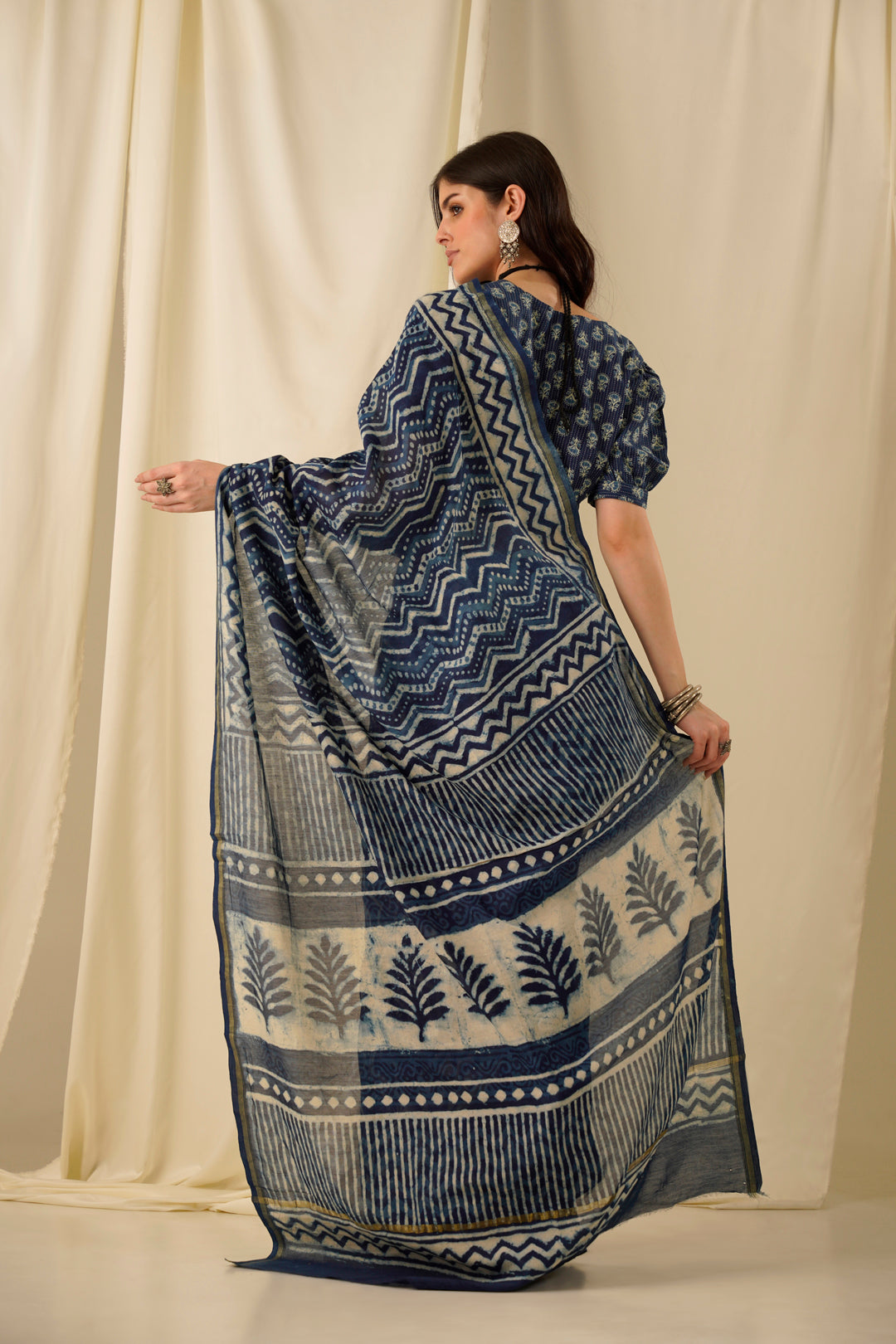 Afreen- The Indigo Block Print Chanderi Saree