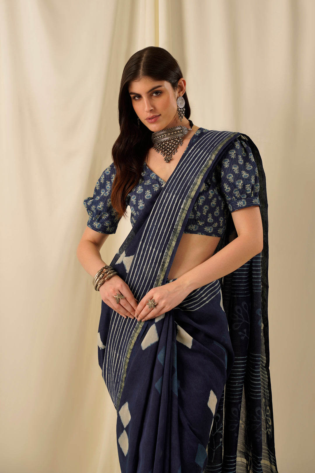 Afreen- The Indigo Block Print Chanderi Saree