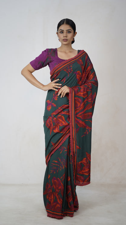 Meera - The Bottle Green Muslin Saree