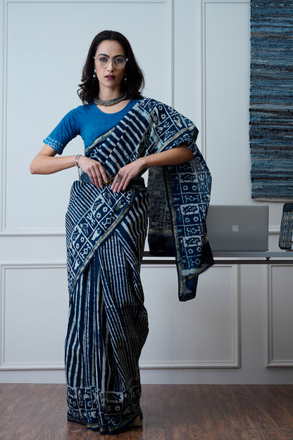 Zoya- The Indigo Block Print Chanderi Saree