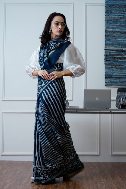 Zoya- The Indigo Block Print Chanderi Saree