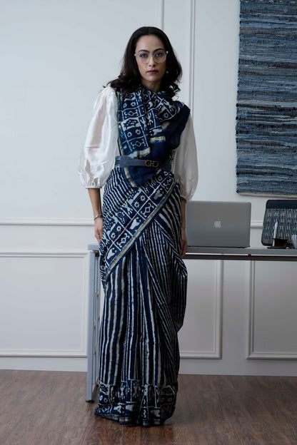 Zoya- The Indigo Block Print Chanderi Saree