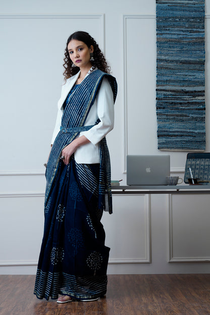 Meera- The Indigo Block Print Chanderi Saree