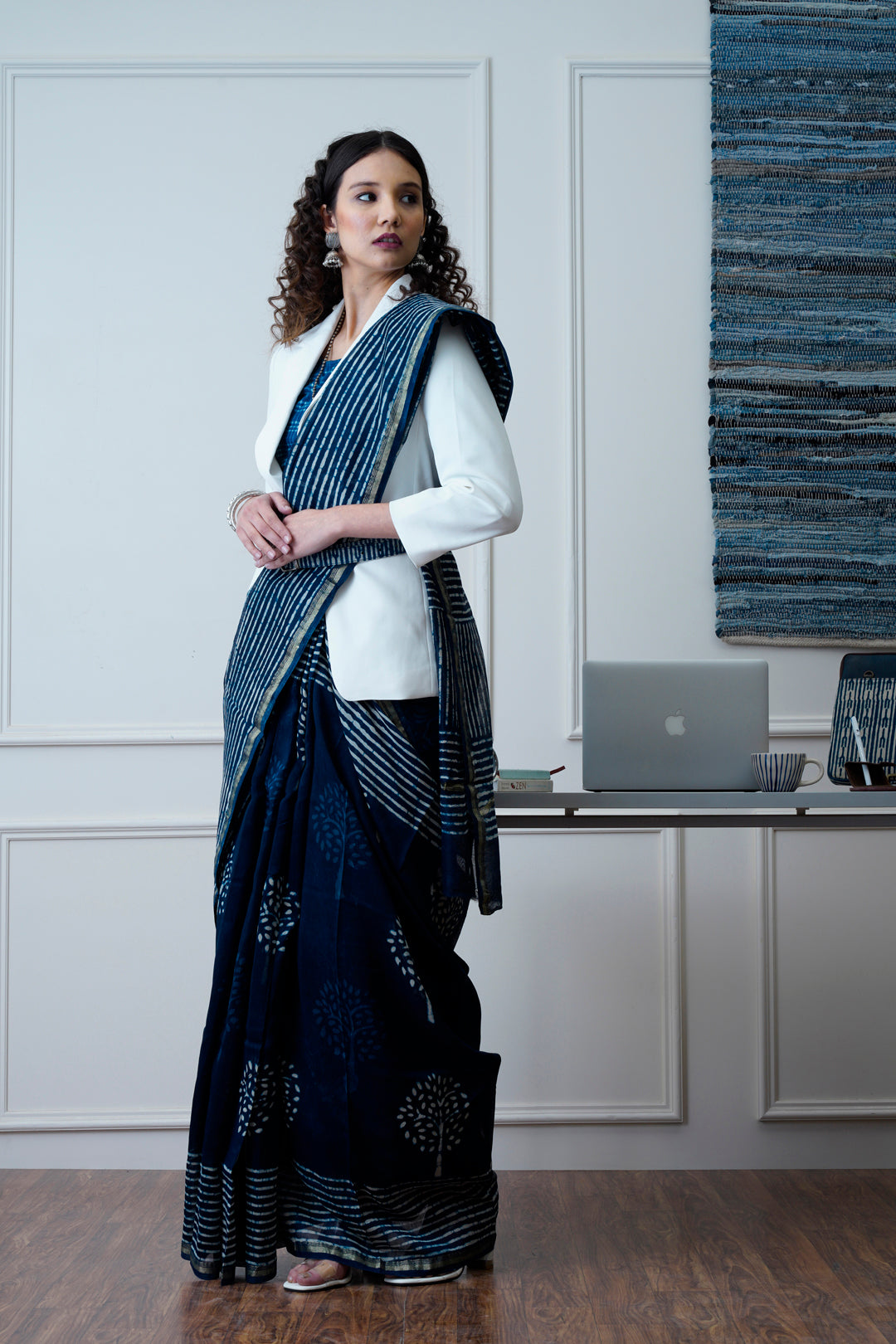 Meera- The Indigo Block Print Chanderi Saree