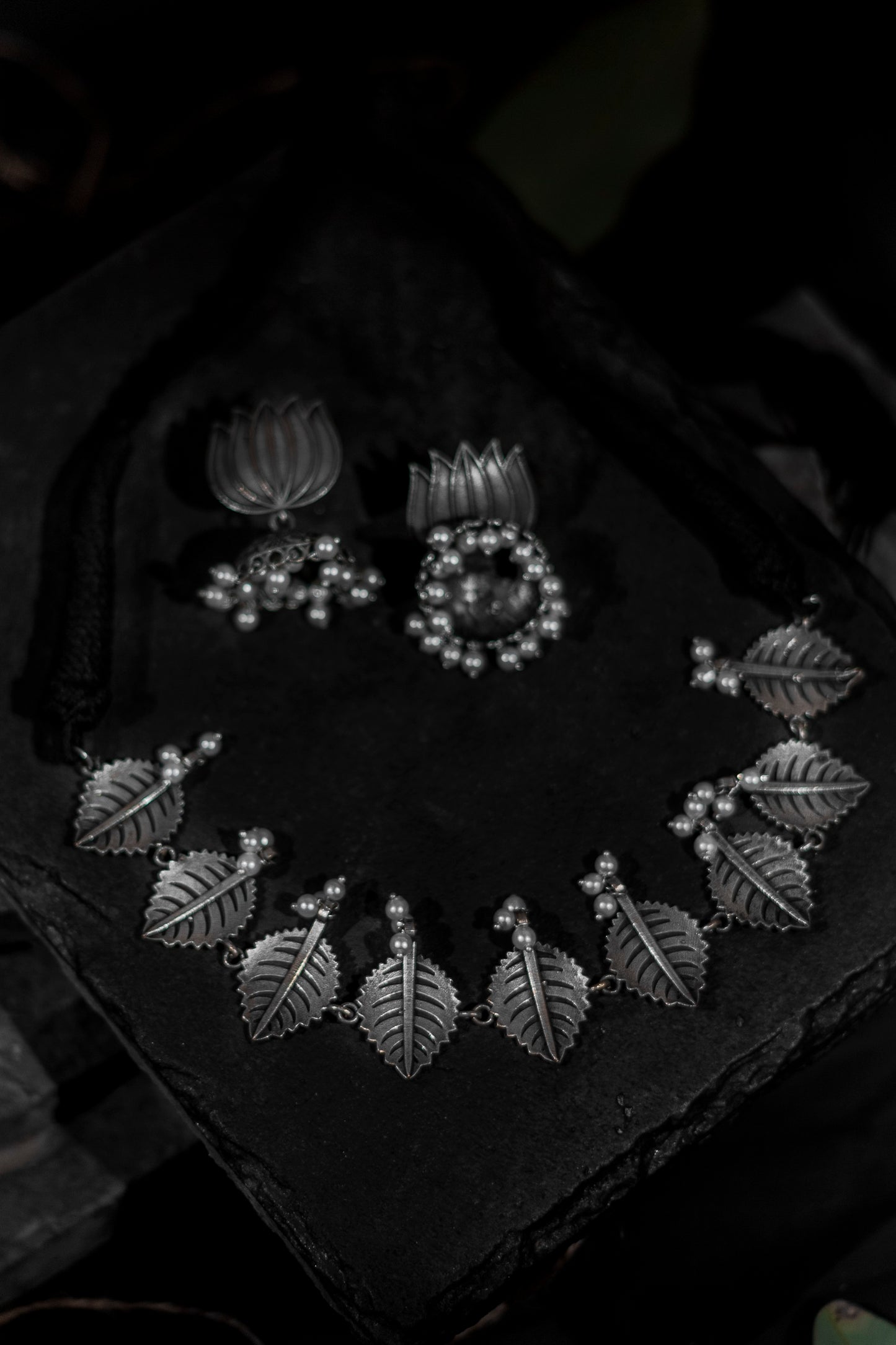 Kamala- Leaf and Pearl Lotus Necklace Set